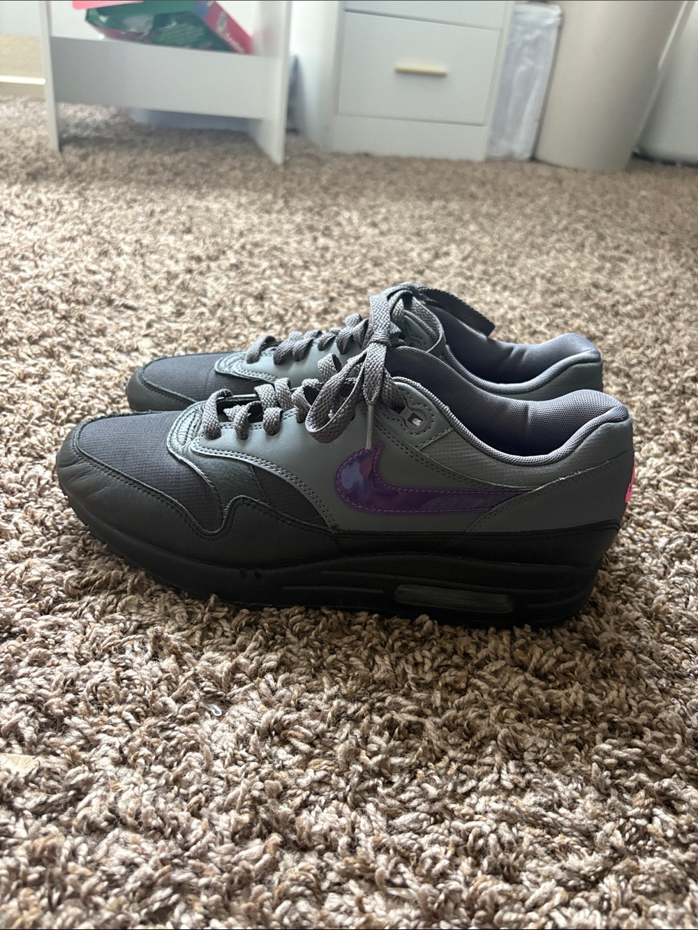 Nike Gray Sneakers with Purple Swoosh and Pink Heel Accent